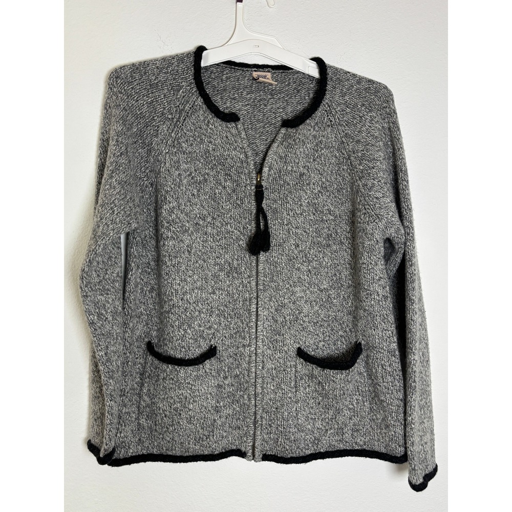 High Sierra Gray Marl Full Zip Cardigan Sweater Tassel Pull Black Trim Womens M